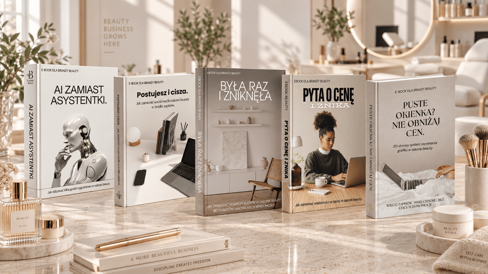 Kolekcja ebooków dla branży beauty na marmurowym blacie